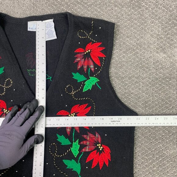 Vintage Bobbie Brooks Ugly Christmas Sweater Vest Women's Large Black Poinsettia - Picture 5 of 8